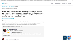 JustAnswer - Power Seat Installation Challenges for Toyota Prius