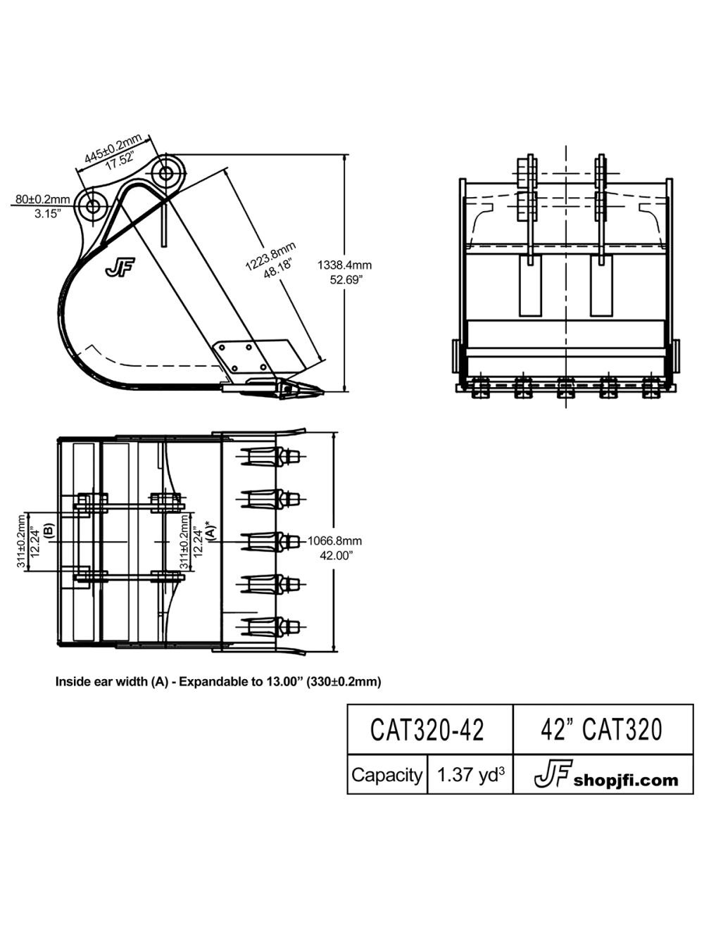 excavator bucket dimensions